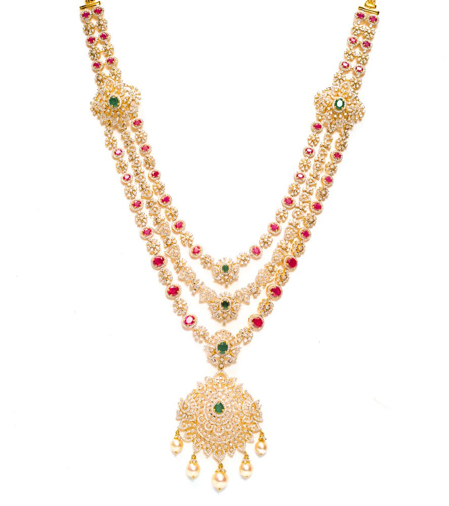 Diamond Necklace with Rubies, Emeralds, and Pearls