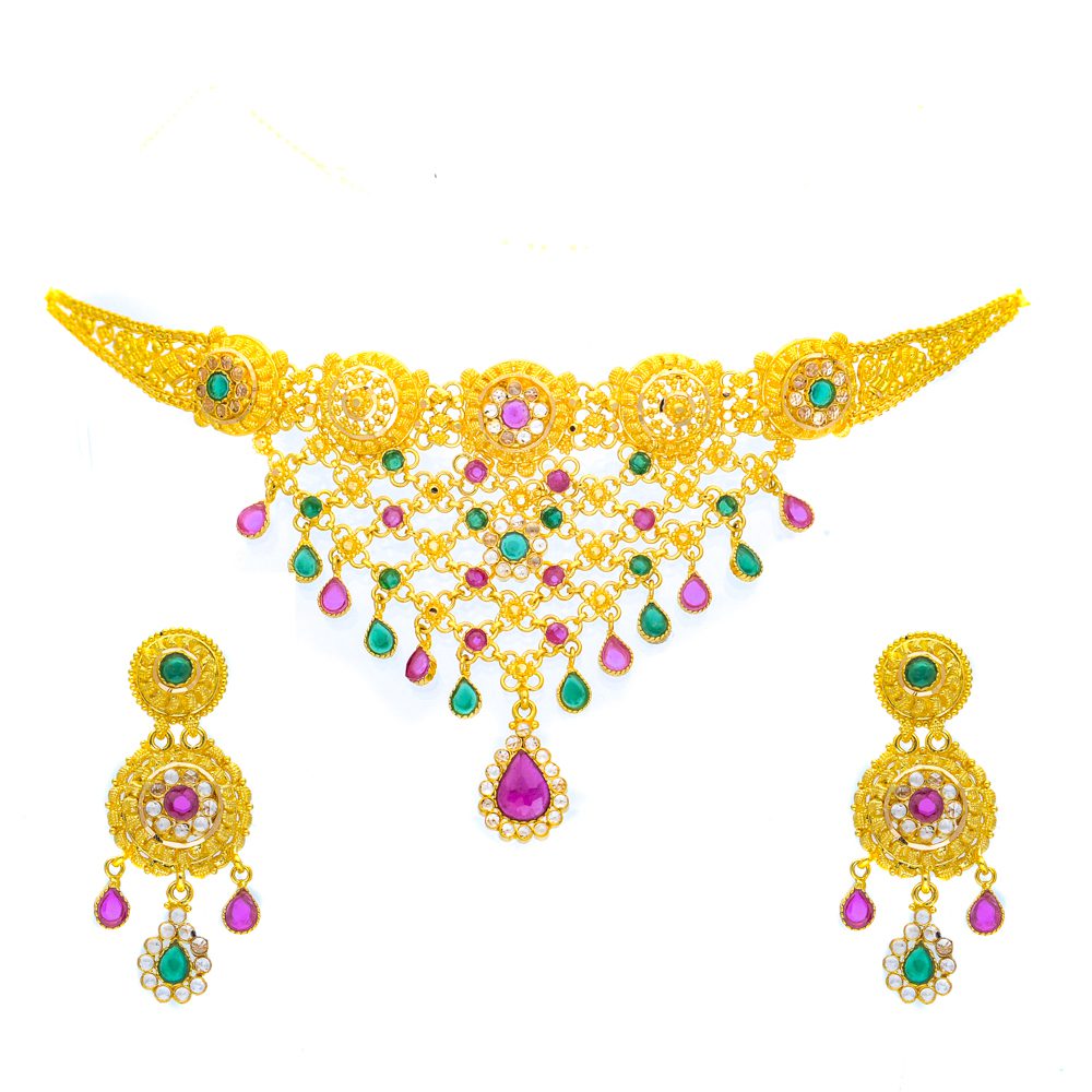 22kt Emerald/Ruby Choker Necklace and Earring Set